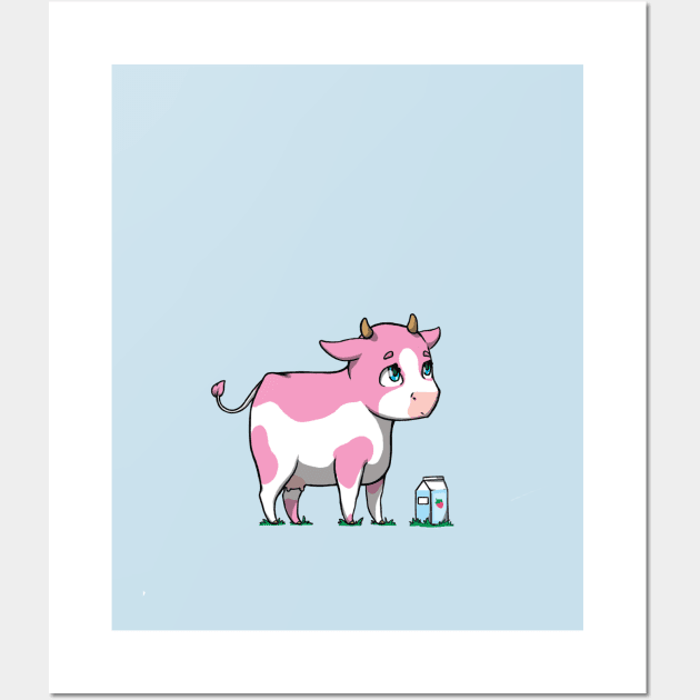 cute strawberry milk cow Wall Art by BlackRabbitLabel